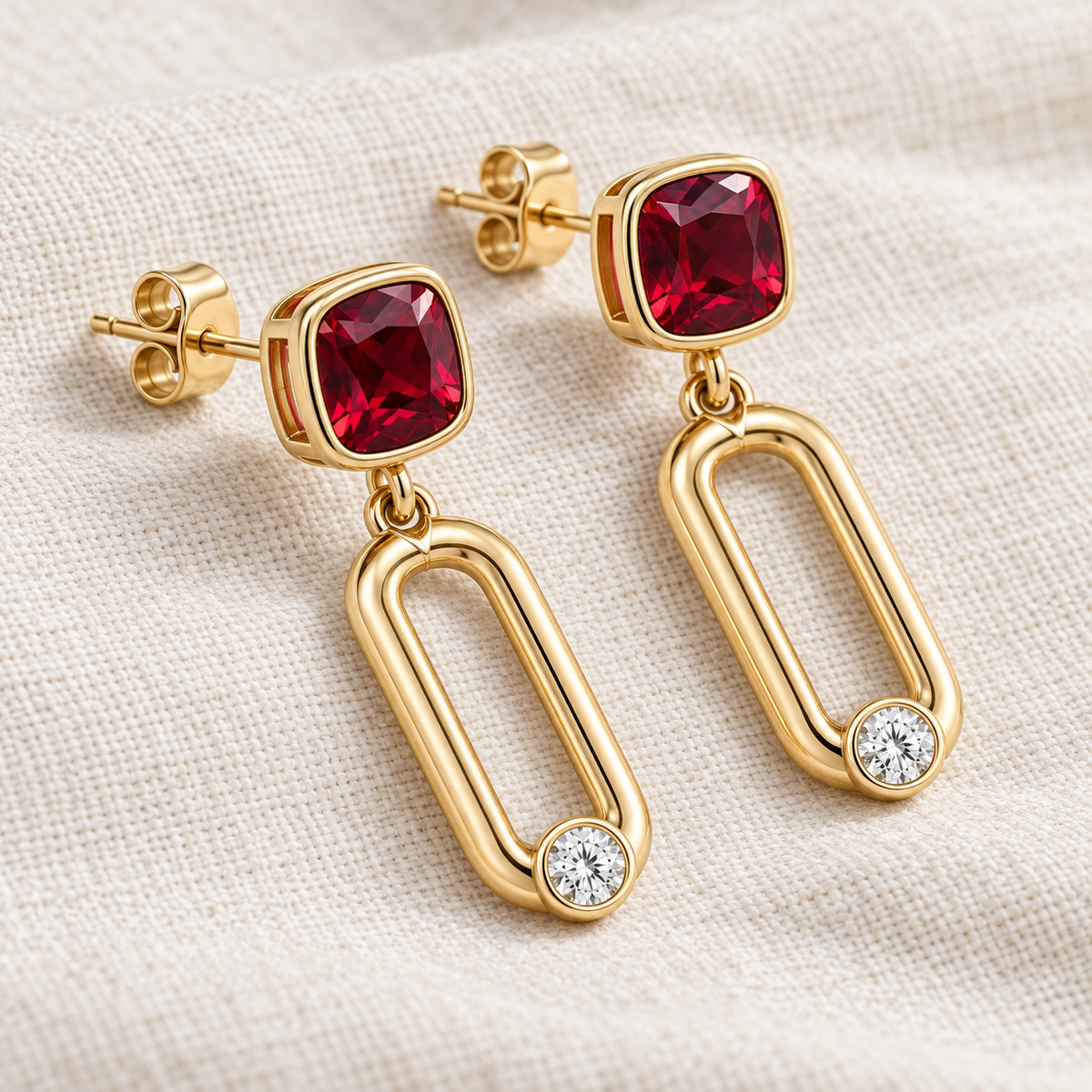 MISSISSI Crimson Link lab-grown ruby earrings, yellow gold, profile design visualization