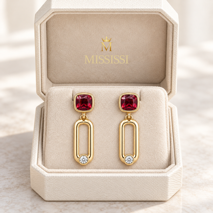 MISSISSI Crimson Link lab-grown ruby earrings, yellow gold, packaging design visualization