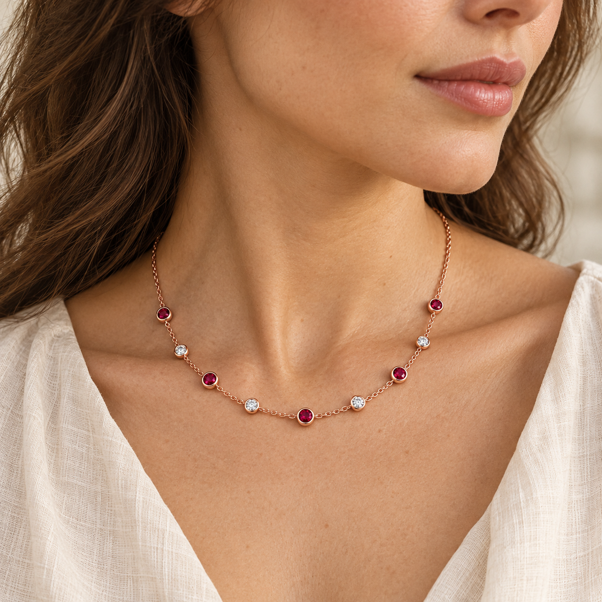 MISSISSI Scarlet Stations lab-grown ruby necklace, rose gold, adult worn design visualization