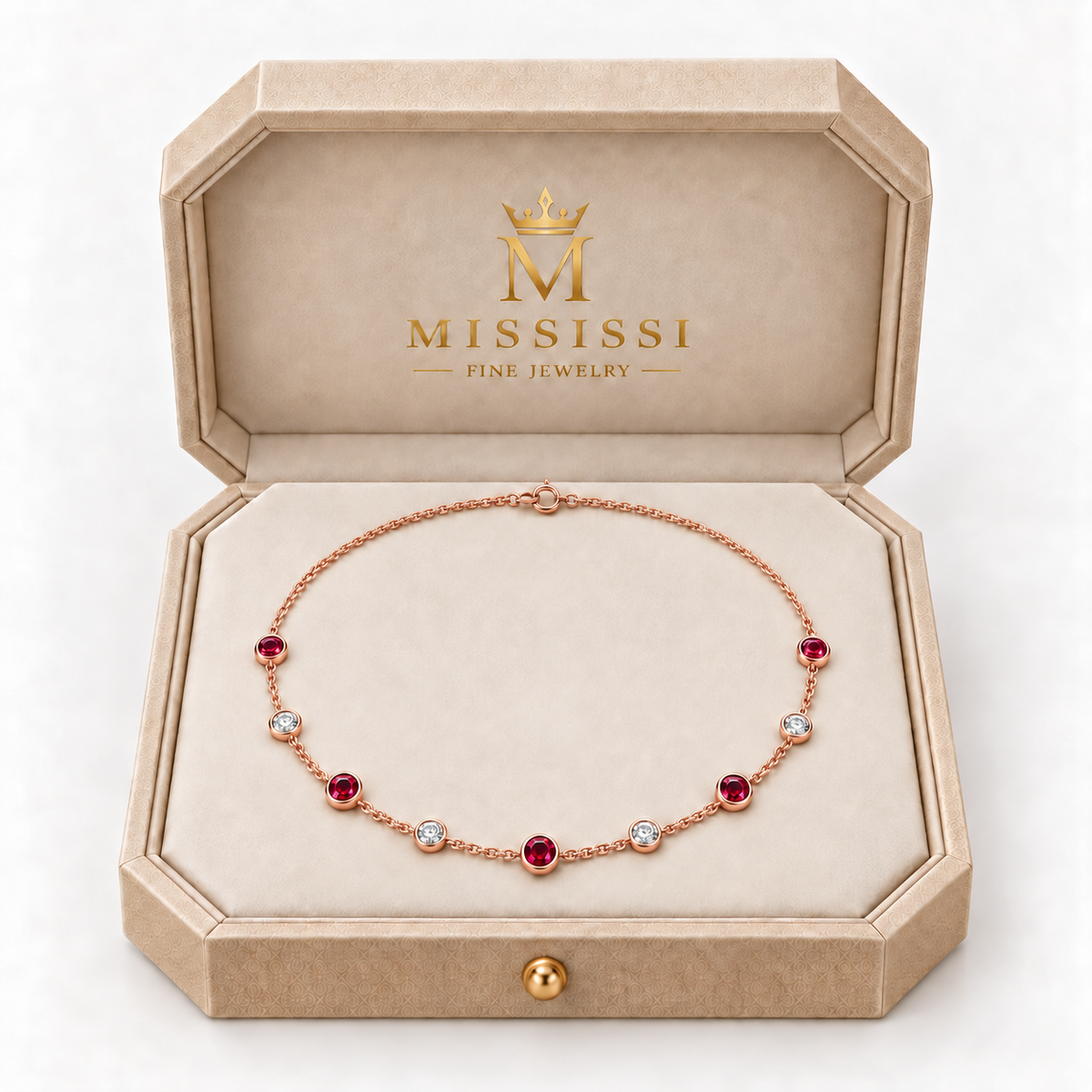 MISSISSI Scarlet Stations lab-grown ruby necklace in rose gold, presented in champagne octagonal packaging with crown M branding; design visualization.