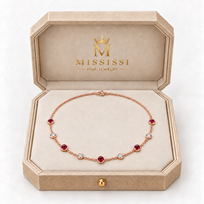 MISSISSI Scarlet Stations lab-grown ruby necklace in rose gold, presented in champagne octagonal packaging with crown M branding; design visualization.
