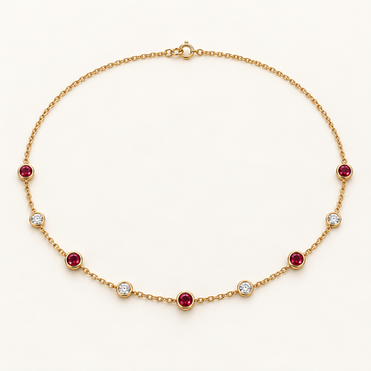 MISSISSI Scarlet Stations lab-grown ruby necklace, yellow gold, hero design visualization