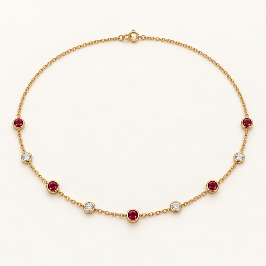 MISSISSI Scarlet Stations lab-grown ruby necklace, yellow gold, hero design visualization