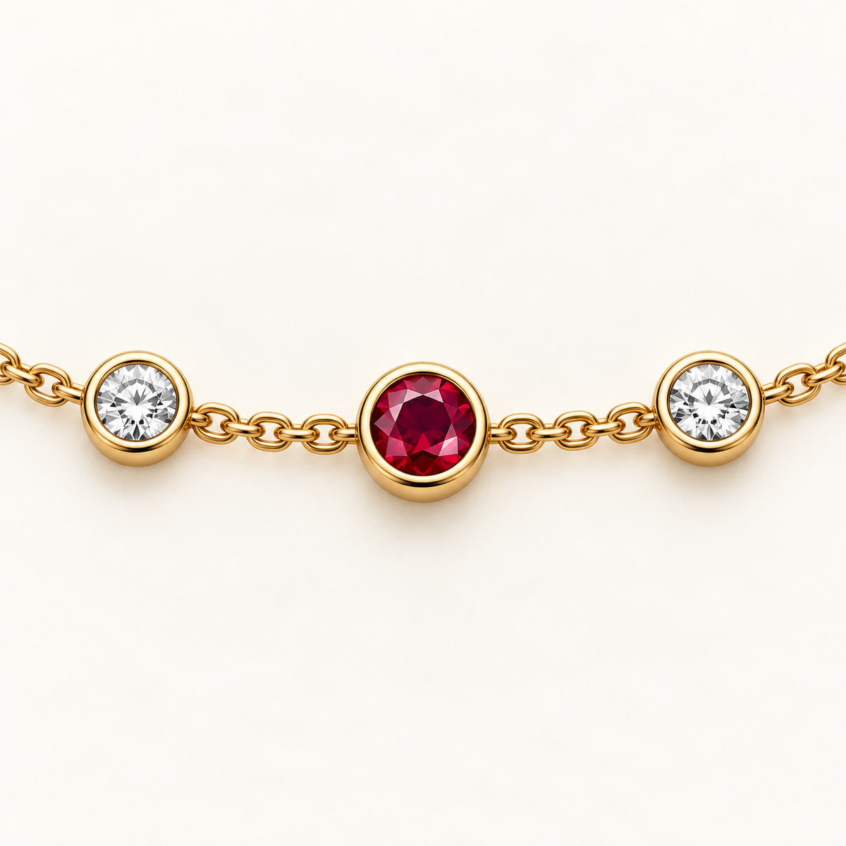 MISSISSI Scarlet Stations lab-grown ruby necklace, yellow gold, setting macro design visualization