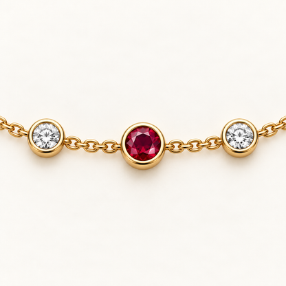 MISSISSI Scarlet Stations lab-grown ruby necklace, yellow gold, setting macro design visualization