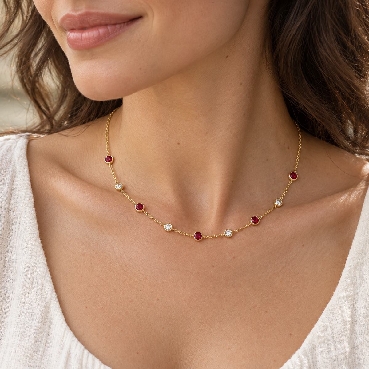 MISSISSI Scarlet Stations lab-grown ruby necklace, yellow gold, adult worn design visualization