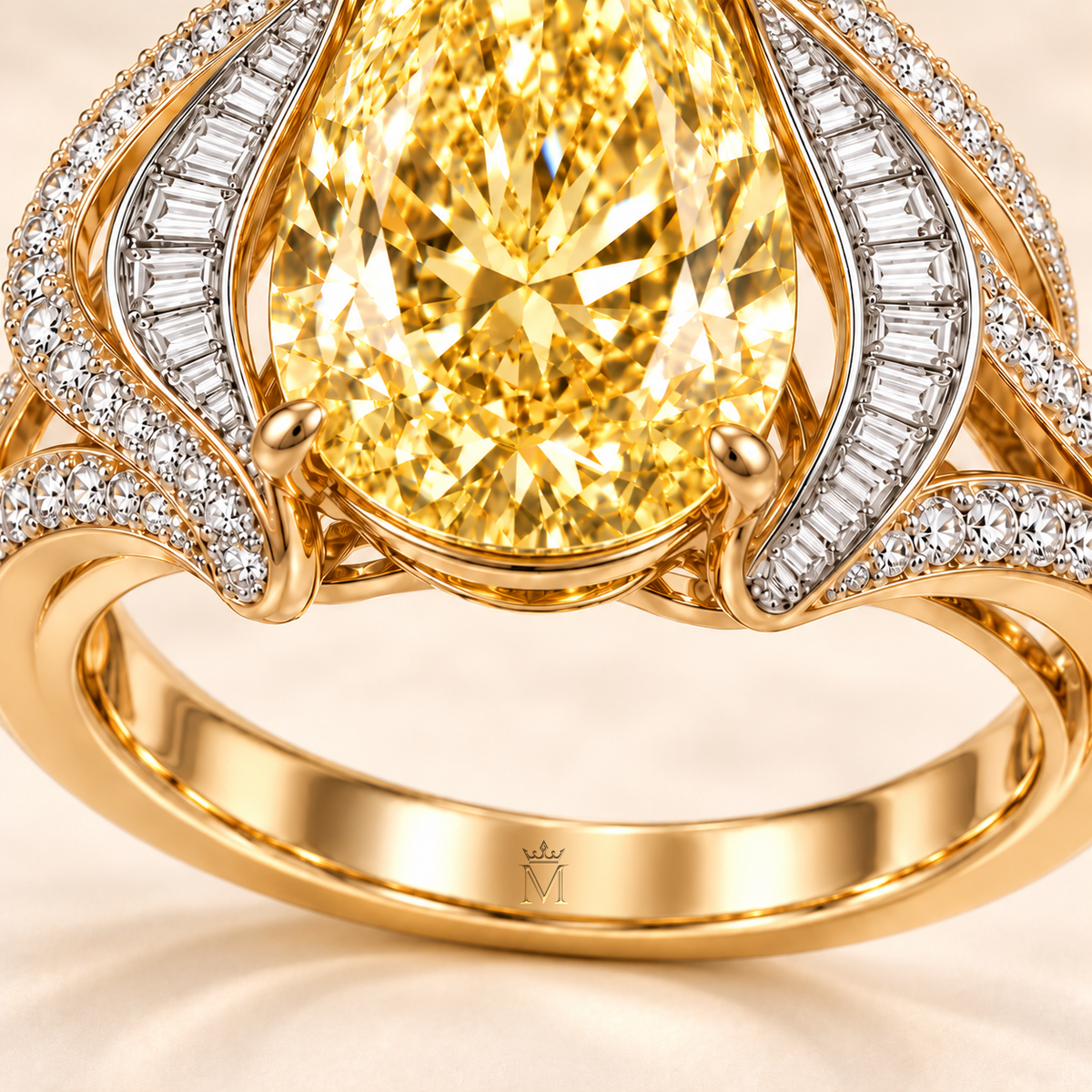 MISSISSI Solar Rhapsody 8 Carat Yellow Pear-Shaped Lab-Grown Diamond Ring, inner-band crown and M engraving detail. Design visualization.