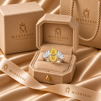 Solar Pleat pear lab-grown diamond ring, champagne MISSISSI packaging design visualization