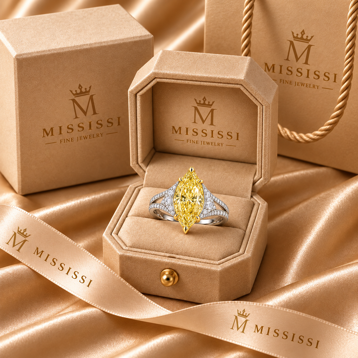 Honey Sail marquise lab-grown diamond ring, champagne MISSISSI packaging design visualization