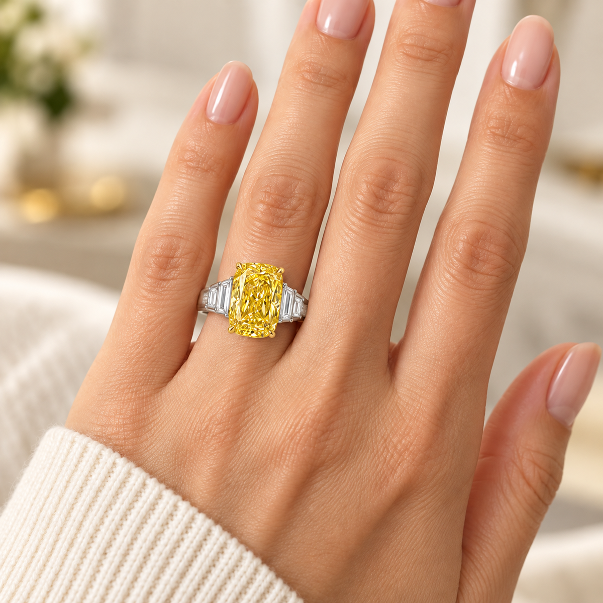 Saffron Ladder cushion lab-grown diamond ring, adult left-hand wearing design visualization
