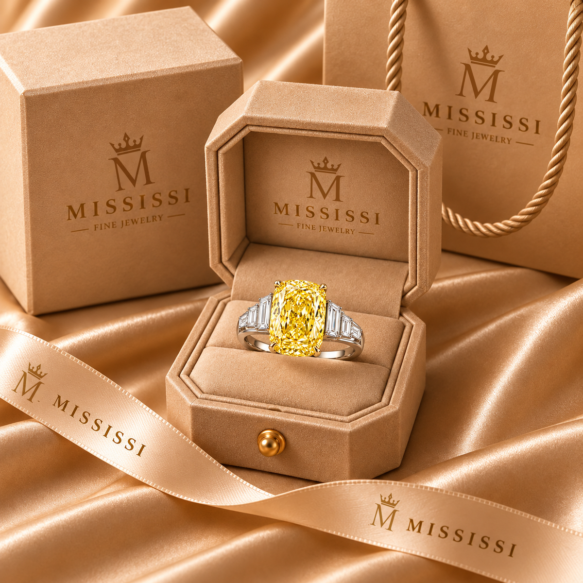 Saffron Ladder cushion lab-grown diamond ring, champagne MISSISSI packaging design visualization