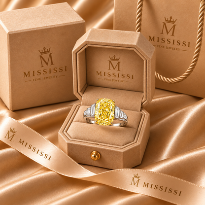 Saffron Ladder cushion lab-grown diamond ring, champagne MISSISSI packaging design visualization