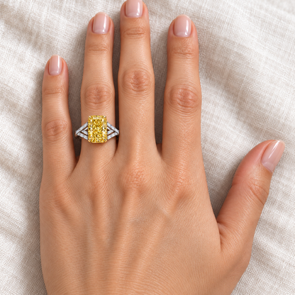 Golden Chevron radiant lab-grown diamond ring, adult left-hand wearing design visualization