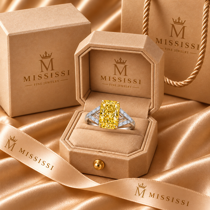 Golden Chevron radiant lab-grown diamond ring, champagne MISSISSI packaging design visualization