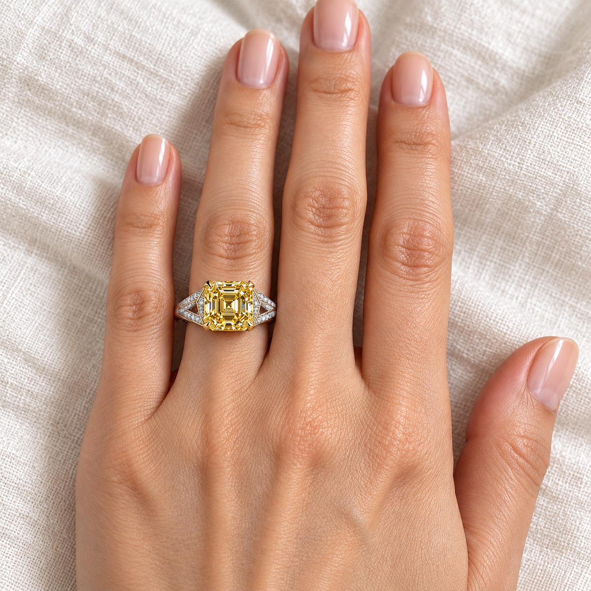 Lemon Origami asscher lab-grown diamond ring, adult left-hand wearing design visualization