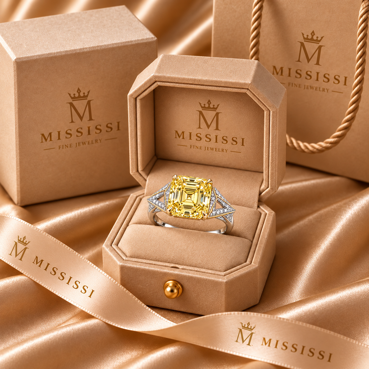 Lemon Origami asscher lab-grown diamond ring, champagne MISSISSI packaging design visualization