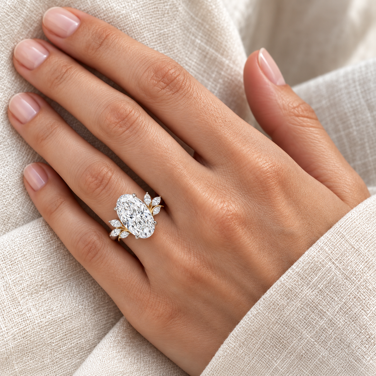 Ice Corsage oval lab-grown diamond ring, adult left-hand wearing design visualization