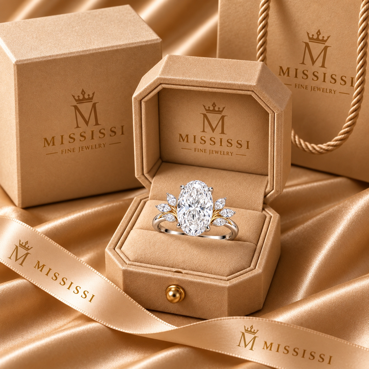 Ice Corsage oval lab-grown diamond ring, champagne MISSISSI packaging design visualization