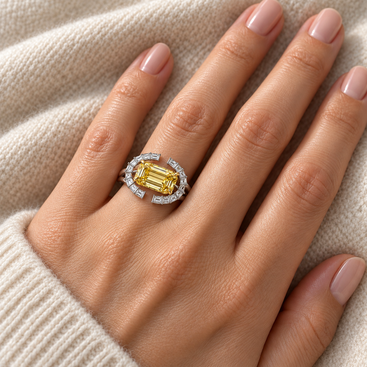 Amber Ellipse emerald lab-grown diamond ring, adult left-hand wearing design visualization