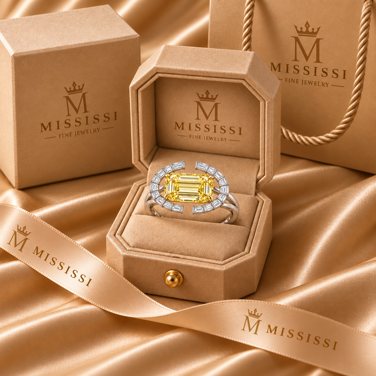 Amber Ellipse emerald lab-grown diamond ring, champagne MISSISSI packaging design visualization