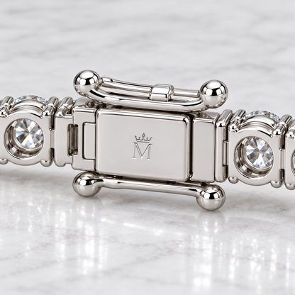 MISSISSI Evermore 2 CTW Round Lab-Grown Diamond Tennis Bracelet in 14K White Gold, crown and M hallmark detail. Design visualization.
