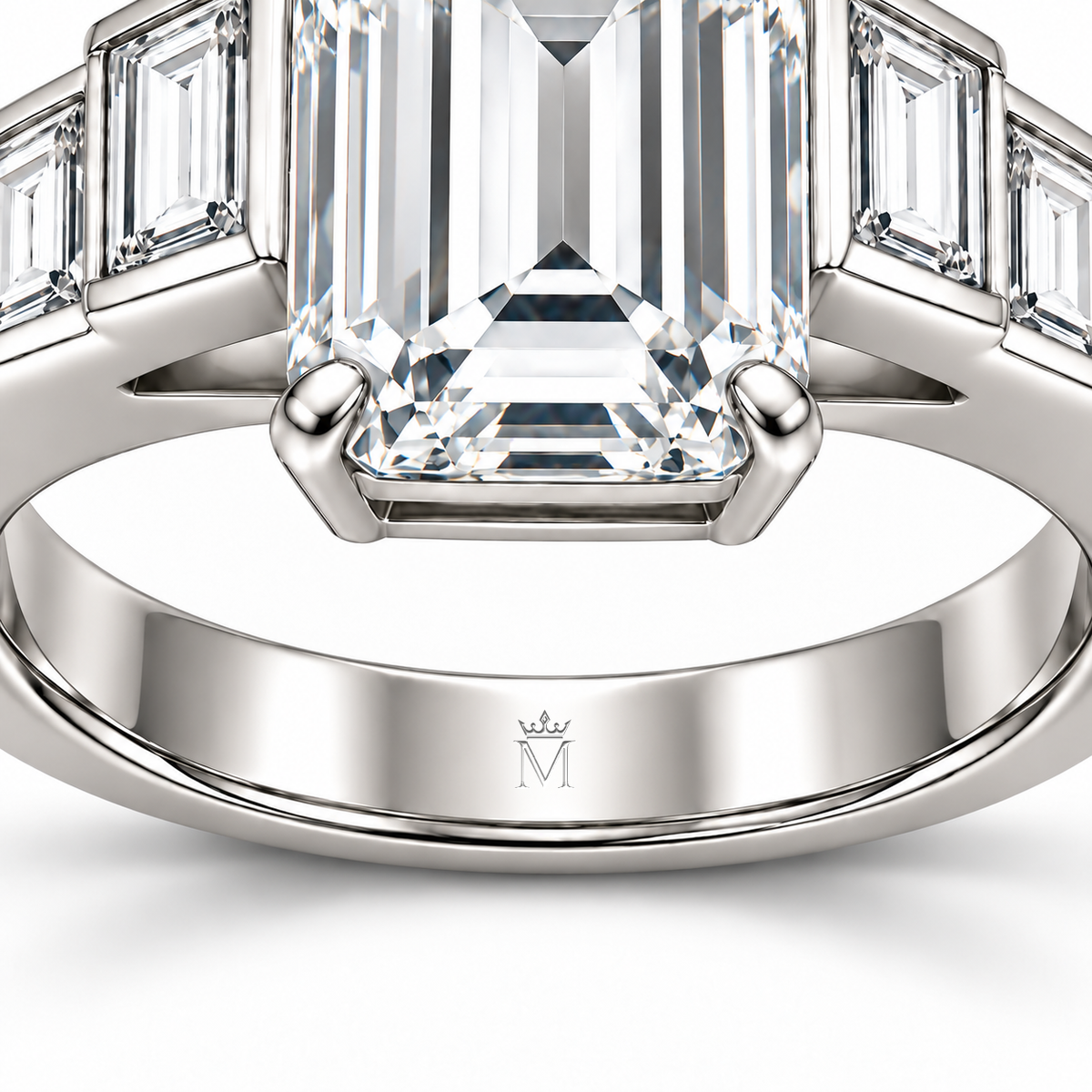 MISSISSI Step Cadence emerald-cut lab-grown diamond ring, inner-band crown and M engraving detail. Design visualization.