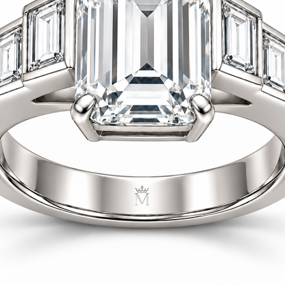 MISSISSI Step Cadence emerald-cut lab-grown diamond ring, inner-band crown and M engraving detail. Design visualization.