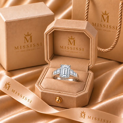 MISSISSI Step Cadence emerald-cut lab-grown diamond ring in a champagne ring box, with two baguette accents on each shoulder. Design visualization.