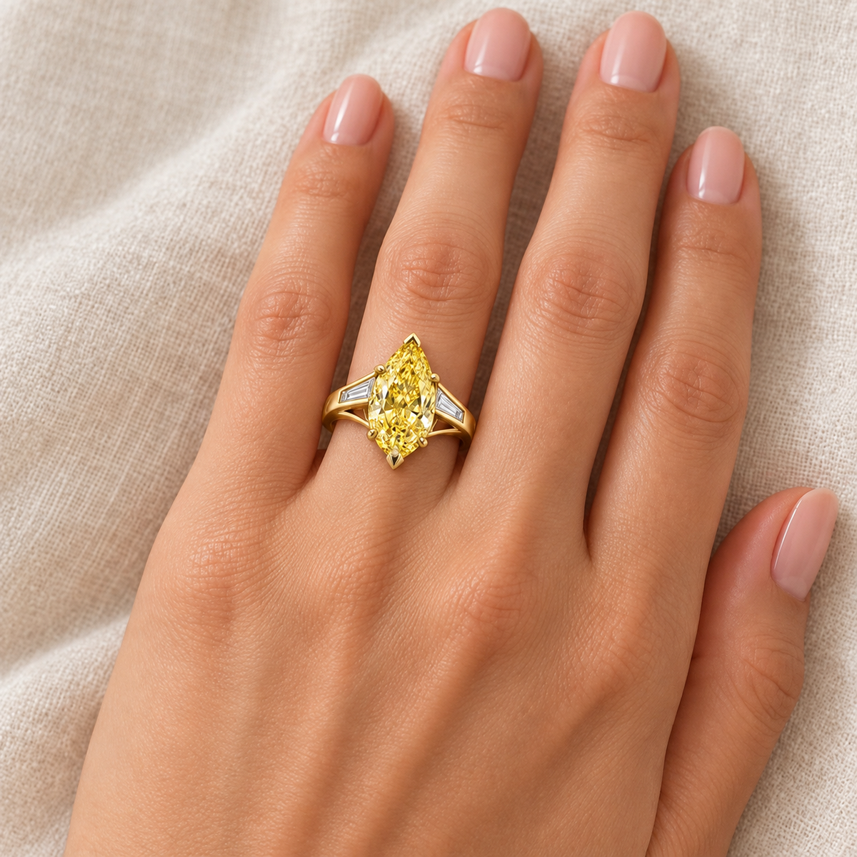 Golden Spire marquise lab-grown diamond ring, adult left-hand wearing design visualization