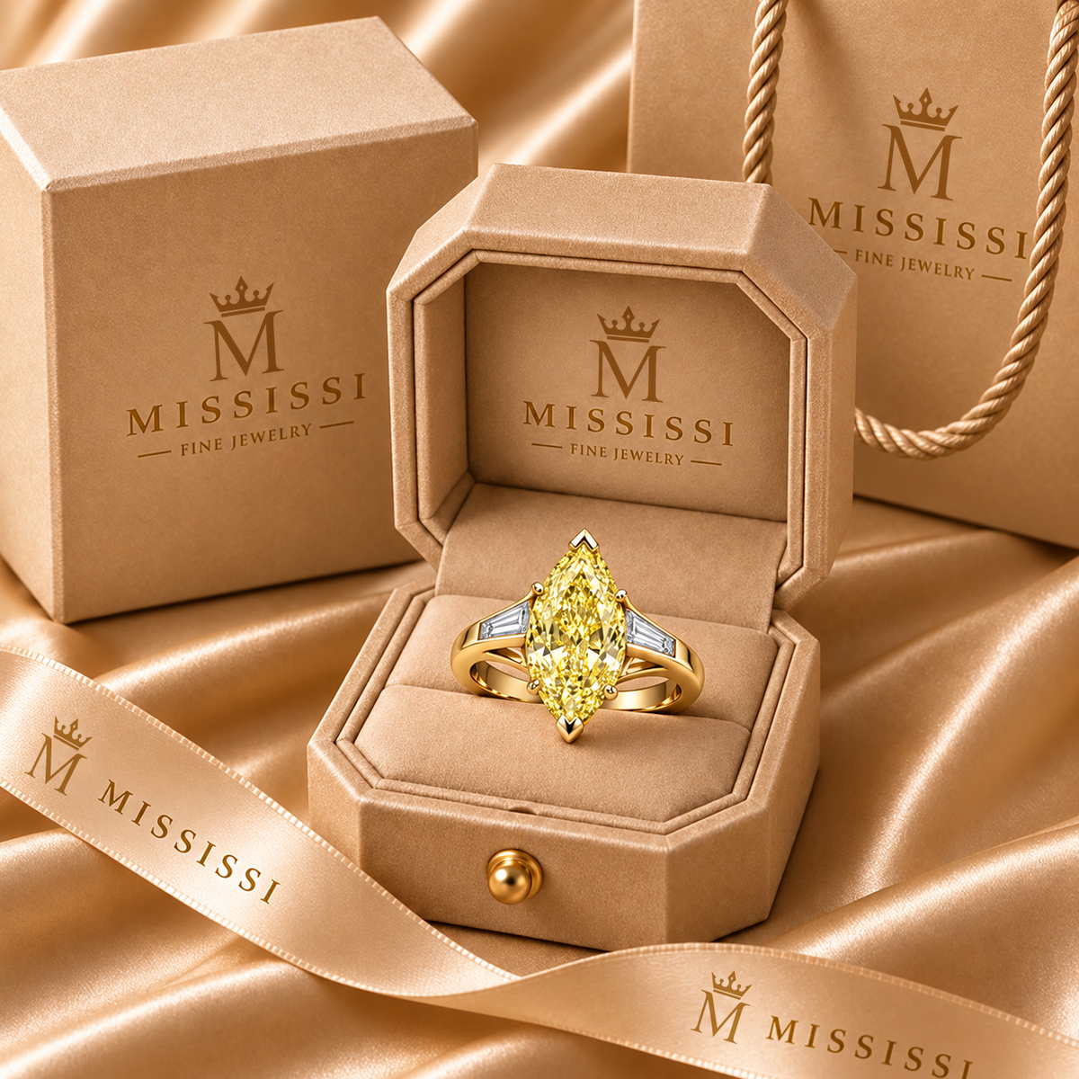 Golden Spire marquise lab-grown diamond ring, champagne MISSISSI packaging design visualization