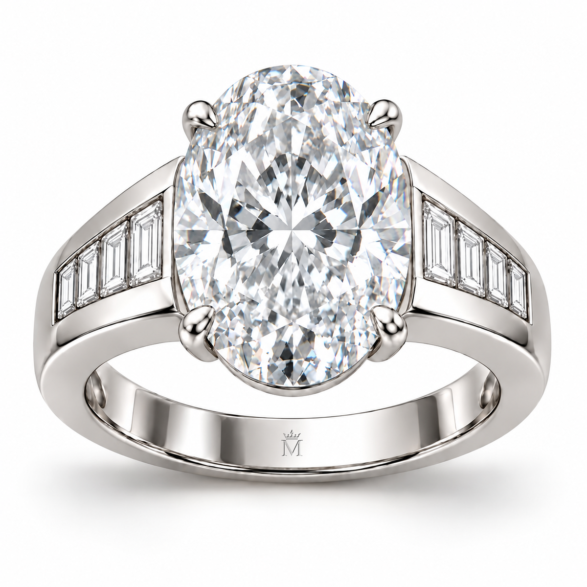 Oval Cadence white-metal ring with a four-claw oval center and four baguette accents on each shoulder, front design view
