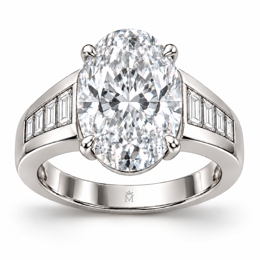 Oval Cadence white-metal ring with a four-claw oval center and four baguette accents on each shoulder, front design view