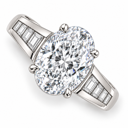 Oblique top design view of the Oval Cadence ring showing its oval center and eight rectangular shoulder accents