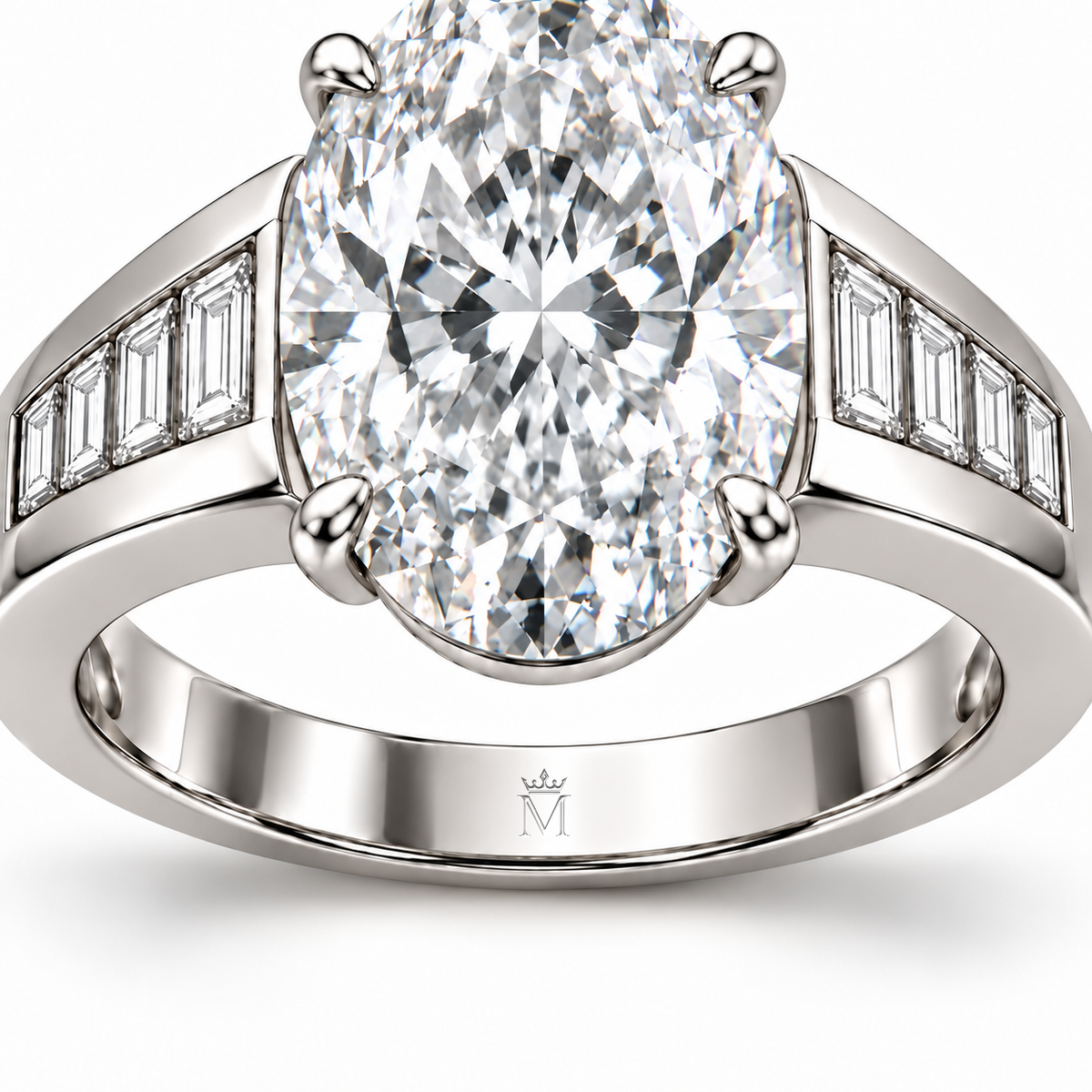 MISSISSI Oval Cadence 6 ct Oval Lab-Grown Diamond Ring, inner-band crown and M engraving detail. Design visualization.