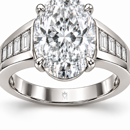 MISSISSI Oval Cadence 6 ct Oval Lab-Grown Diamond Ring, inner-band crown and M engraving detail. Design visualization.