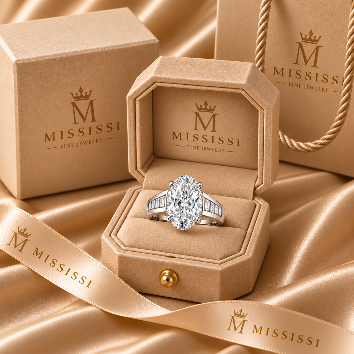 Oval Cadence ring illustrated in champagne-colored MISSISSI Fine Jewelry packaging with box, bag and ribbon