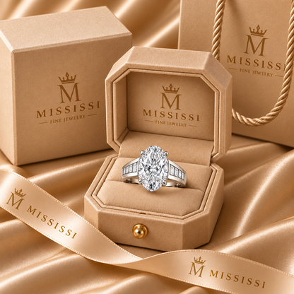 Oval Cadence ring illustrated in champagne-colored MISSISSI Fine Jewelry packaging with box, bag and ribbon