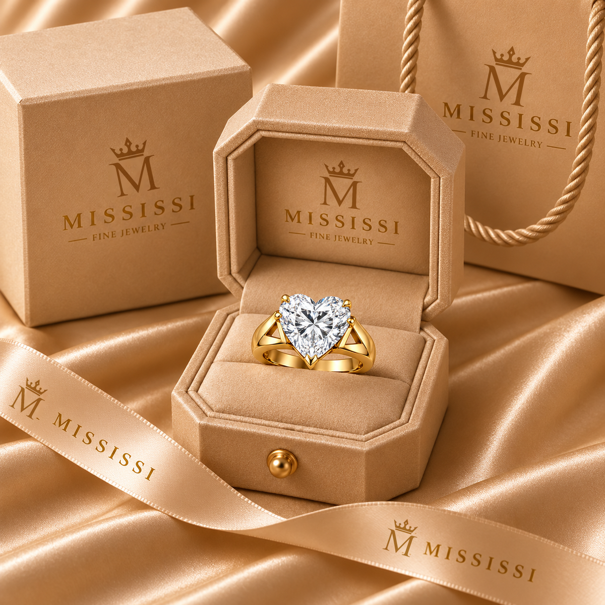 Heart Fold heart lab-grown diamond ring, champagne MISSISSI packaging design visualization