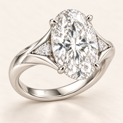 MISSISSI Luminous Fold 7.5 Carat Oval Lab-Grown Diamond Three-Stone Ring, inner-band crown and M engraving detail. Design visualization.