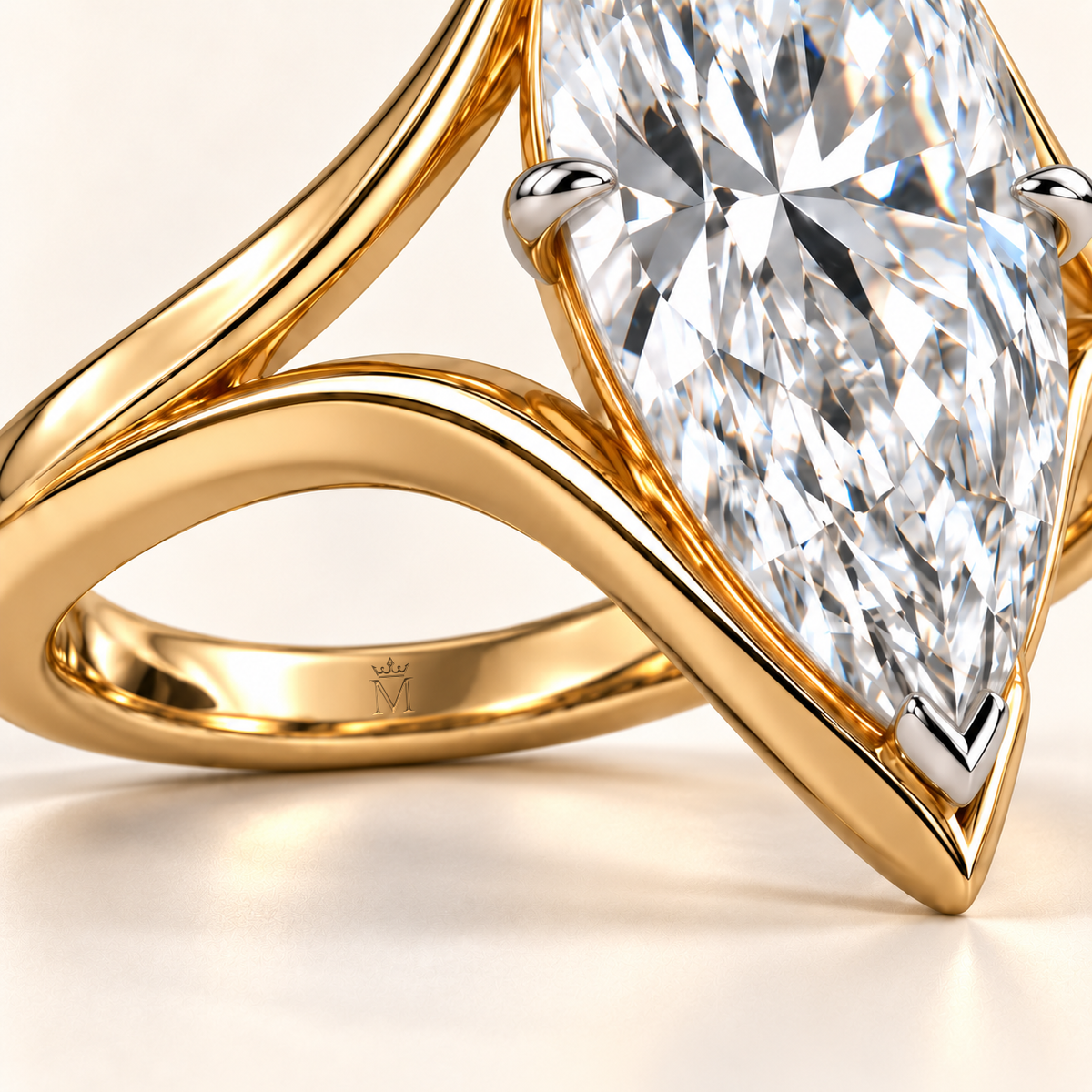 MISSISSI Flowcrest marquise lab-grown diamond ring, inner-band crown and M engraving detail. Design visualization.