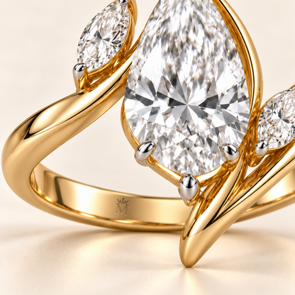 MISSISSI New Sprig pear lab-grown diamond ring, inner-band crown and M engraving detail. Design visualization.