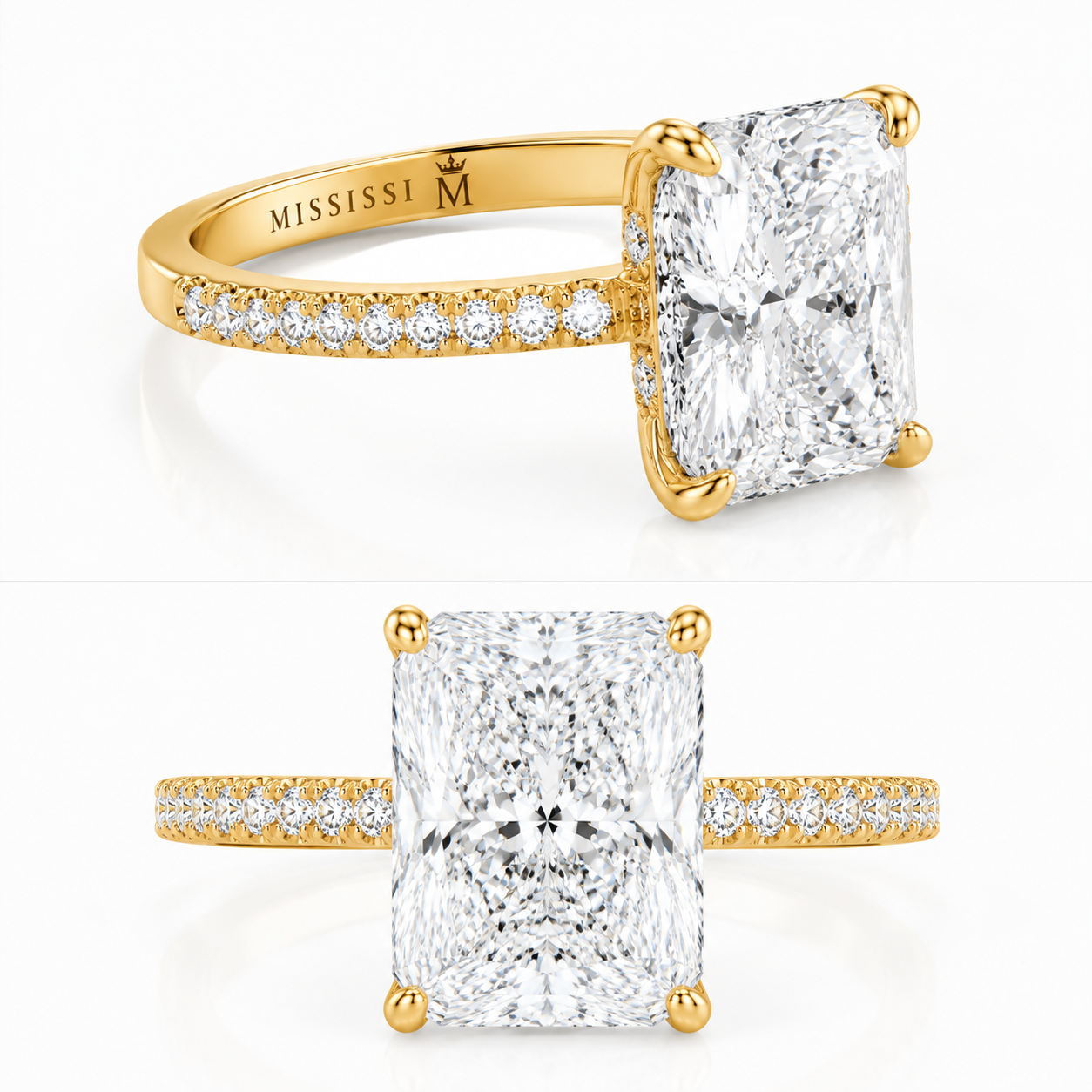 Front view of 6 carat radiant cut lab grown diamond engagement ring with luxury pavé band
