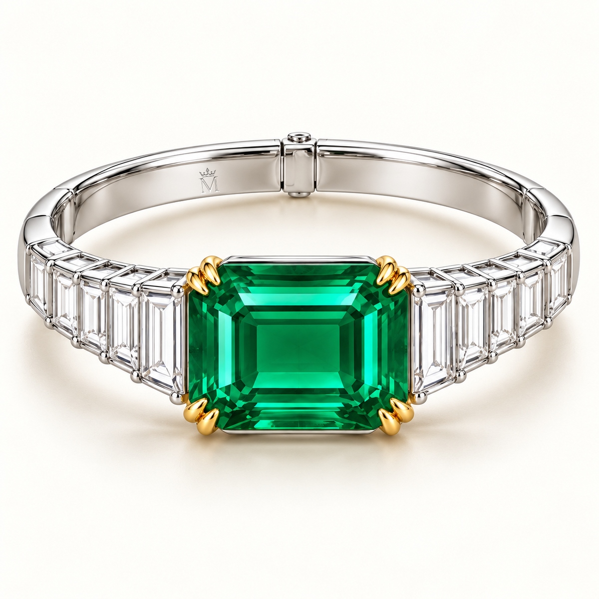 MISSISSI GE26-B01 lab-grown emerald bangle, front view. Design visualization.