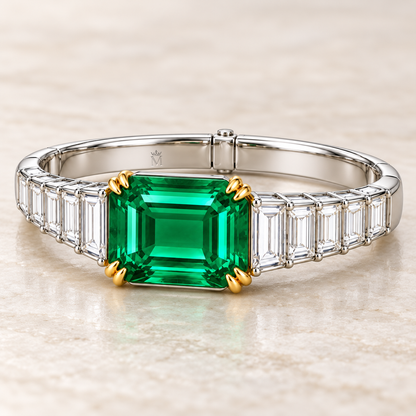 MISSISSI GE26-B01 lab-grown emerald bangle, lower oblique view with official engraving. Design visualization.