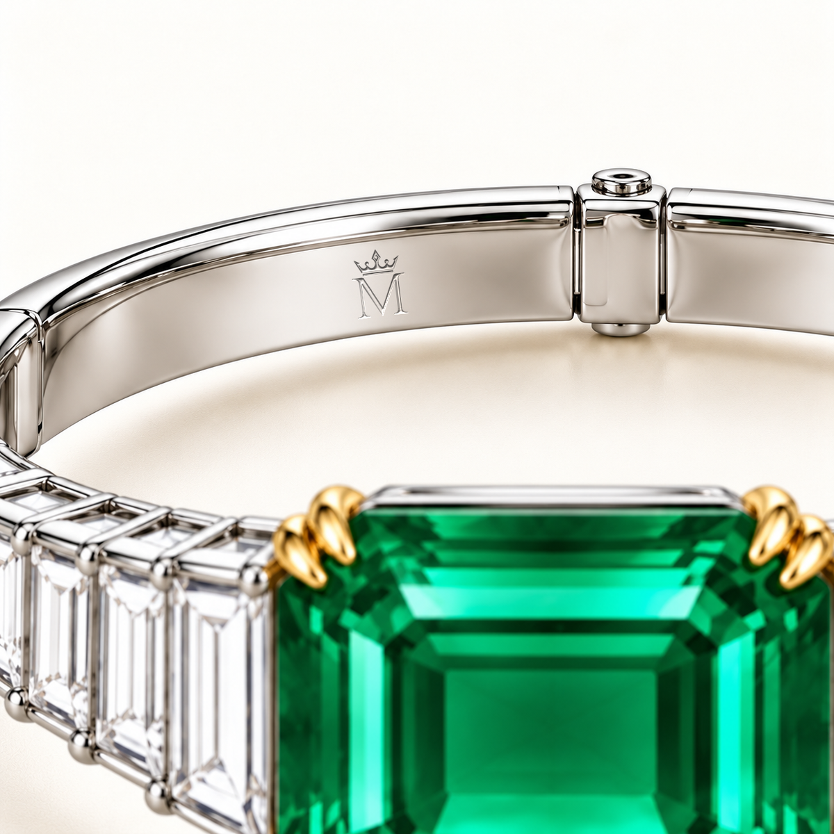 MISSISSI GE26-B01 lab-grown emerald bangle, official inner engraving detail. Design visualization.