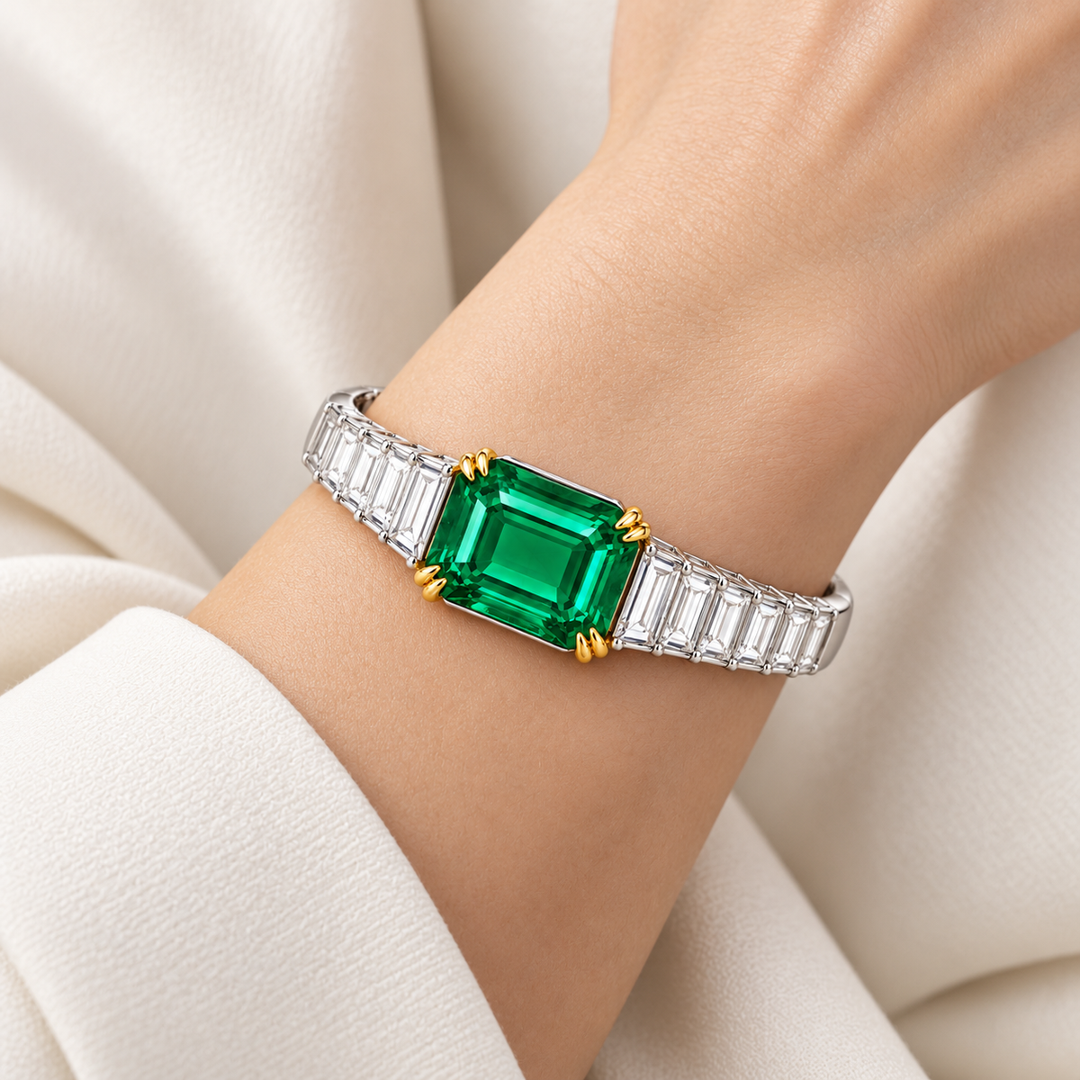 MISSISSI GE26-B01 lab-grown emerald bangle worn on a wrist. Design visualization.