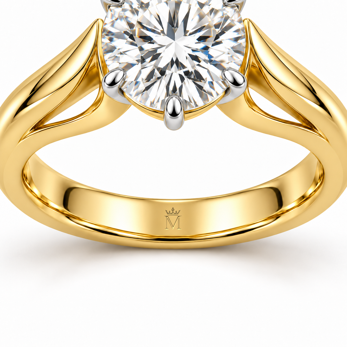 MISSISSI Arcform round lab-grown diamond ring, inner-band crown and M engraving detail. Design visualization.