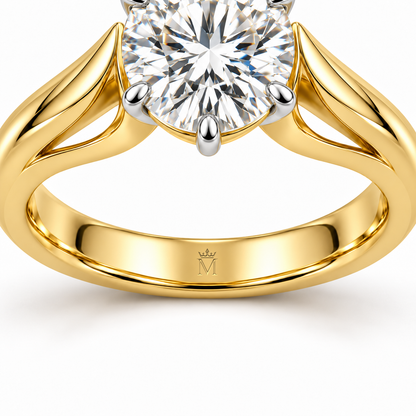 MISSISSI Arcform round lab-grown diamond ring, inner-band crown and M engraving detail. Design visualization.