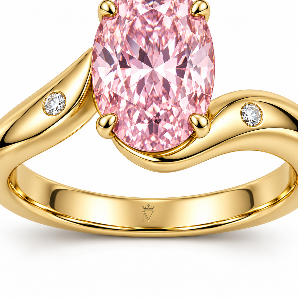 MISSISSI Sillage 6 Carat Pink Oval Lab-Grown Diamond Ring, inner-band crown and M engraving detail. Design visualization.