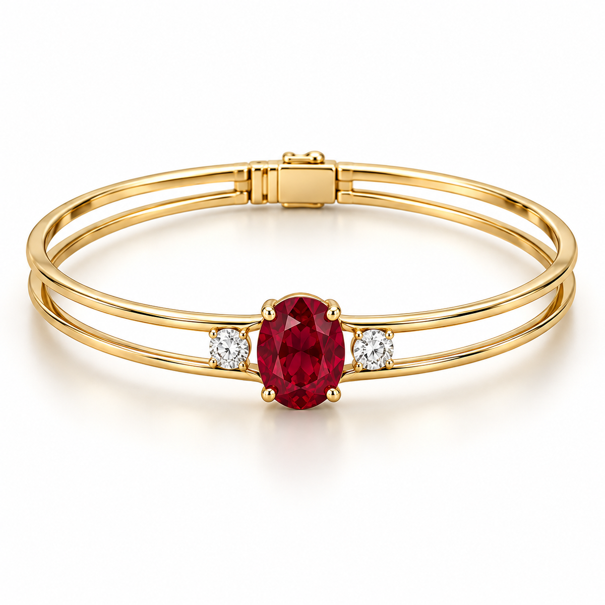 MISSISSI H26-RB01 yellow gold double-rail bangle with an oval lab-grown ruby and two round lab-grown diamonds. Main product view.; design visualization